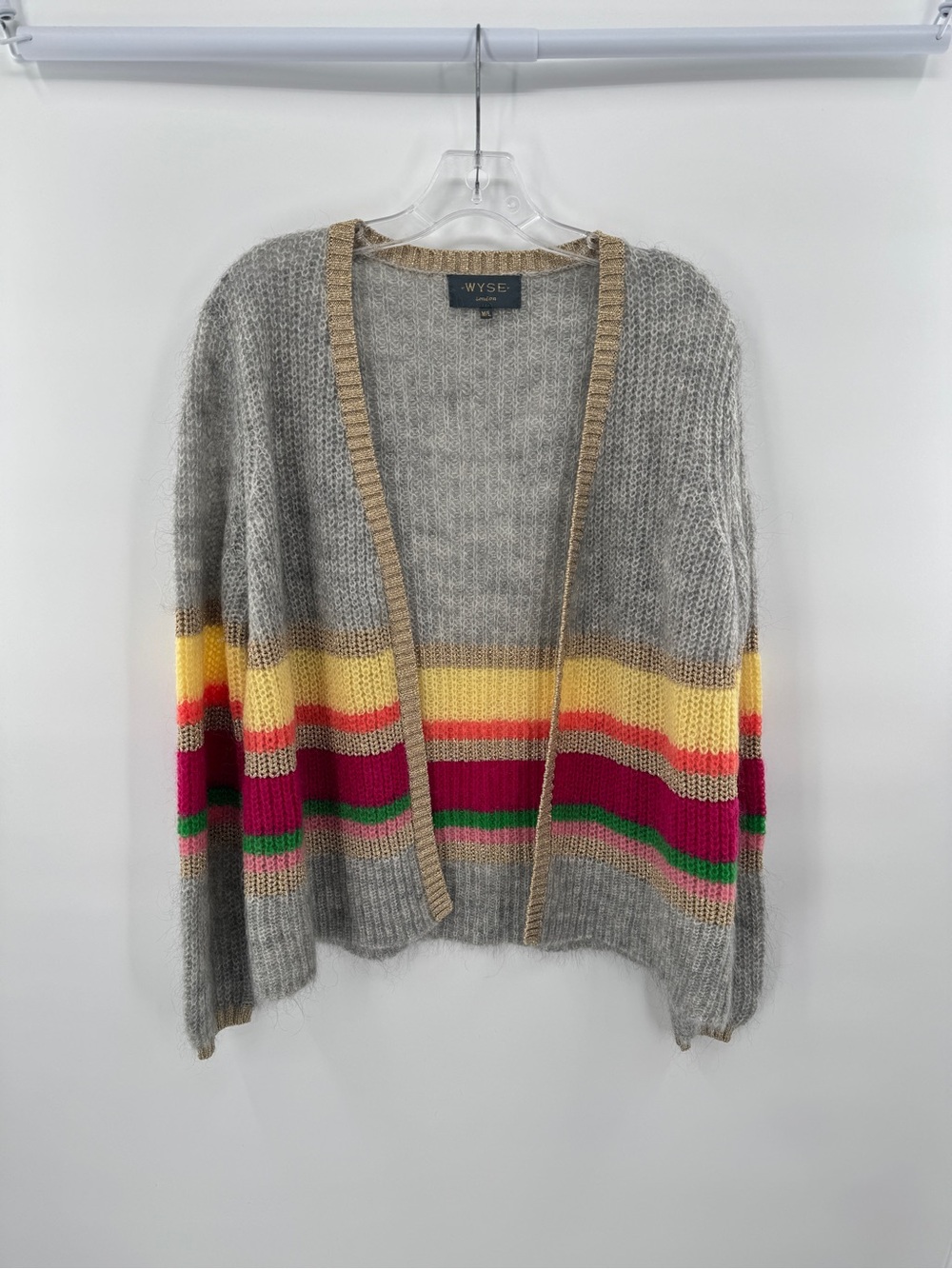 WYSE London Mohair Blend Striped Open Cardigan Metallic Trim Colorblock Sweater